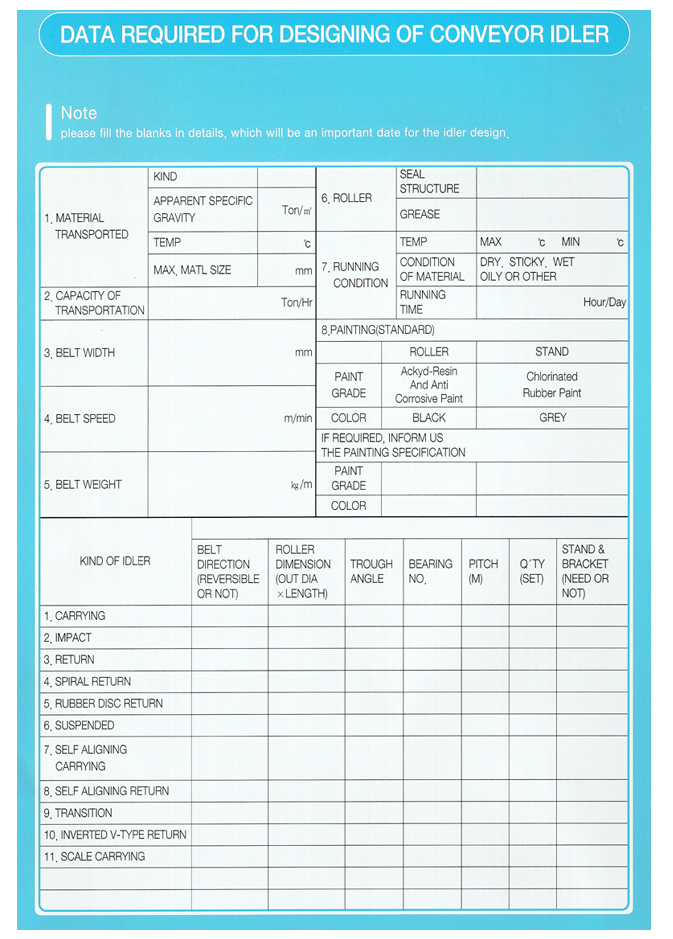 대림콘베어 Data Required for Designing of Conveyor Idler 